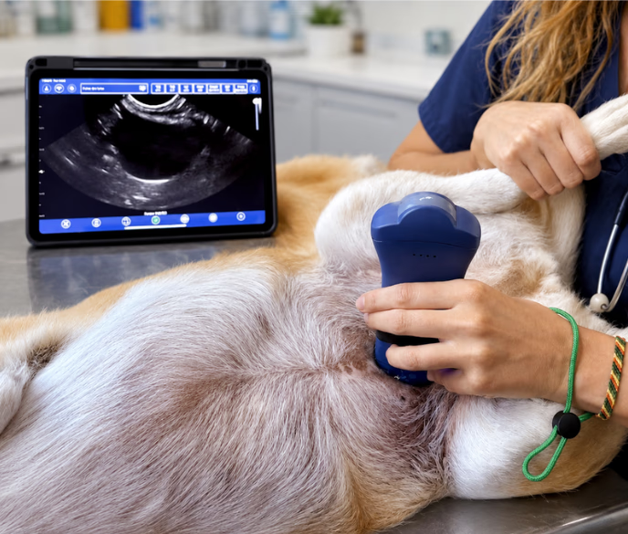 Veterinarian using Teranova wireless handheld ultrasound probe on a dog